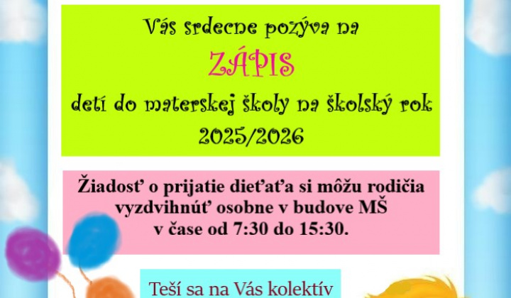 1. fotografia fotogalérie Aktuality / Zápis detí do materskej školy na školský rok 2025/2026 - foto